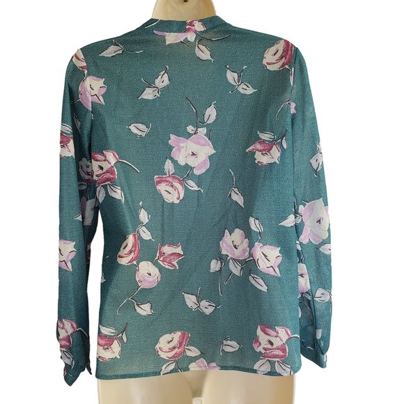 Vintage 70s/80s sheer Sparkly green floral v-neck blouse shirt - Picture 3 of 8